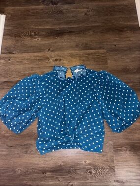 Blue Polka Dot Puff Sleeve Blouse